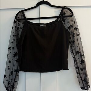 Allegra K Black Top with Sheer Star Sleeves